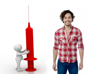 figurka držící červenou injekční stříkačku a veselý muž